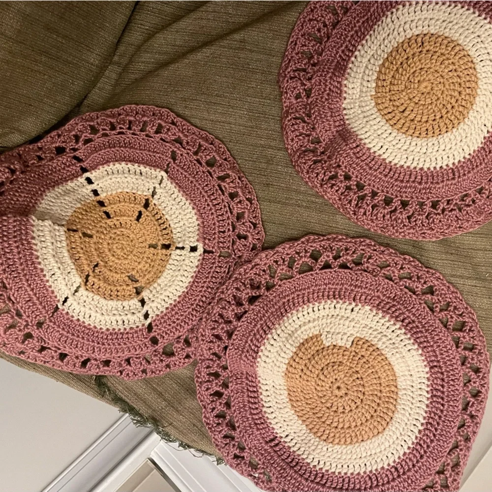 Lot of 3 NEW Rose Blush Tan and Cream 13” round Crochet Placemat Doily handmade